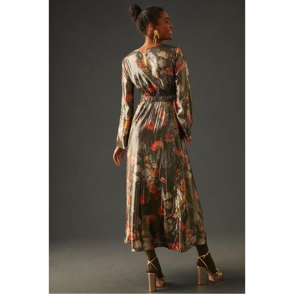 Anthropologie Caballero Metallic Floral Deep V-Neck Maxi Dress Brown Motif - Picture 2 of 16